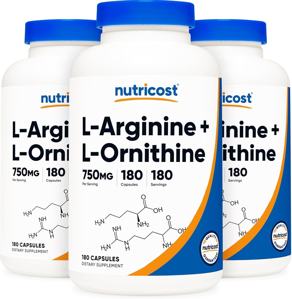 Nutricost L-Arginine L-Ornithine 750 mg; 180 capsules (3 flessen)