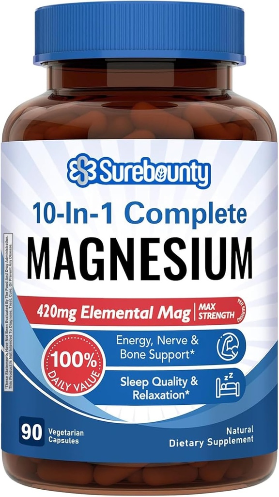 Magnesium Complex, 10-in-1 Formule, 420mg Elemental Mag Per Serving, Magnesium Glycinate, Malate, Citrate, Hoge Absorptie, Bot & Relaxation, 90 Caps