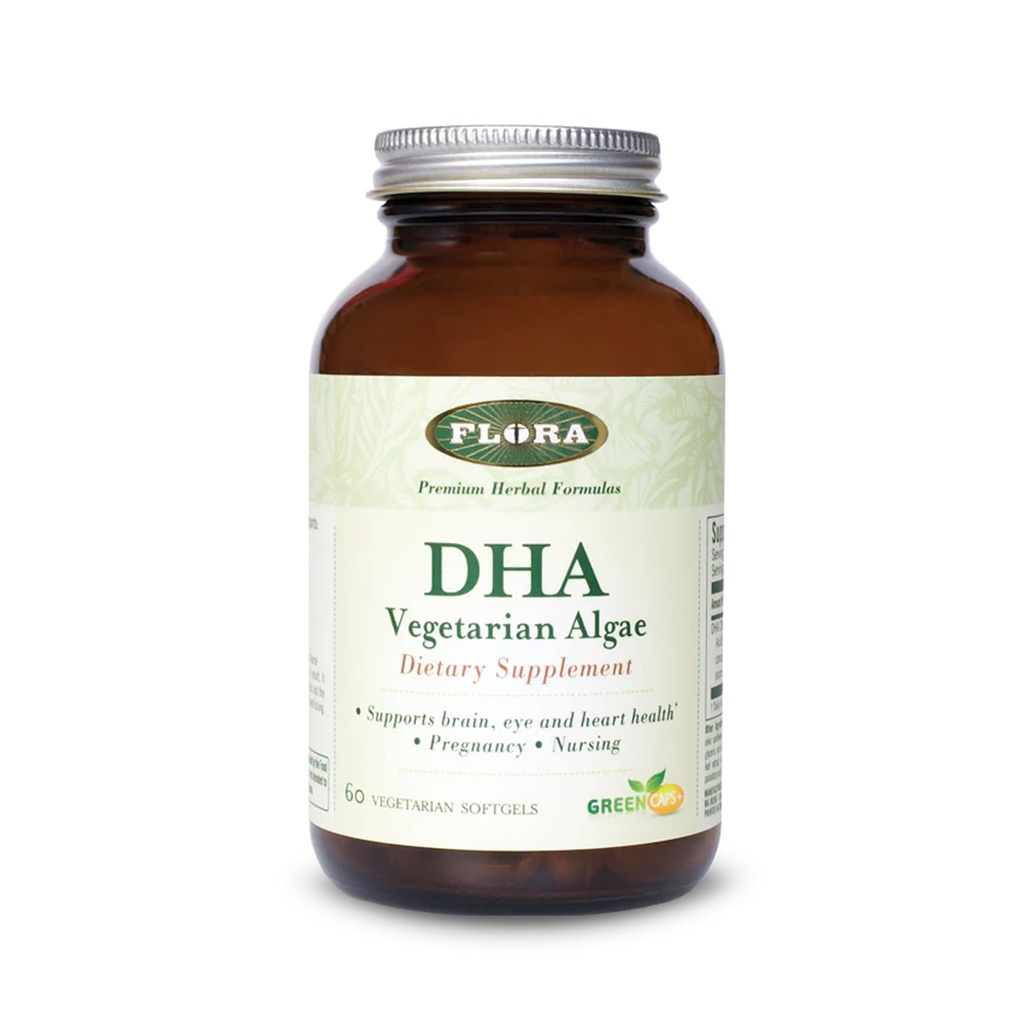 Flora - DHA Vegetarische Algen GreenCaps Plus - Brain & Heart Health - Aids algehele gezondheid tijdens de zwangerschap - Voor hersenen en zenuwstelsel - Biedt Omega-3 - Vegan & Sustainable - 60 Vegetarische Softgels
