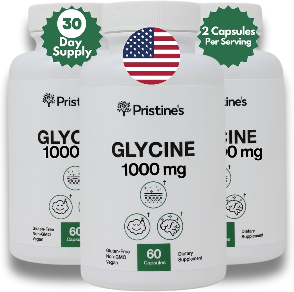 PRISTINE'S Glycine 1000MG Amino Acid Supplement Sleep Support Capsules (3-Pack) - 90 Day Supply - Muscle Recovery, Kidney Health & Collagen Formation Production Support