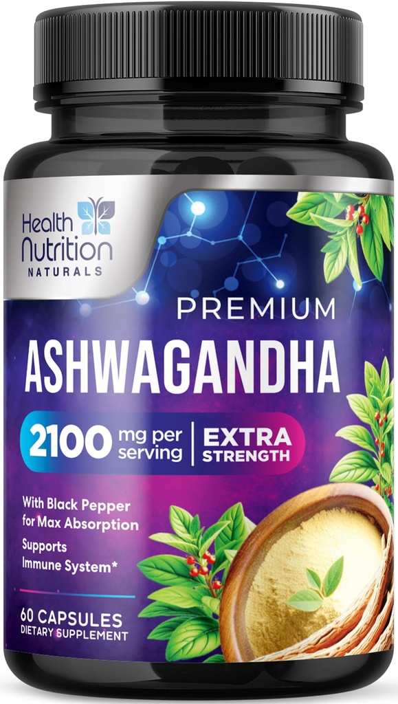Ashwagandha-supplementen - 2100mg Ashwagandha-capsule voor vrouwen en mannen, natuurlijke antioxidantondersteuning, Ashwa-wortelextract, extra sterkte Kalme ondersteuning met zwarte peper, veganistisch en glutenvrij - 60 capsules