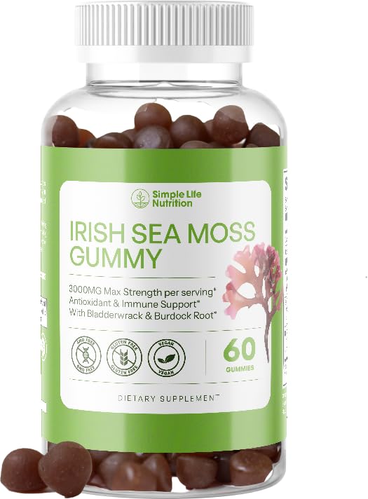 Biologische Irish Sea Moss Gummies - Burdock Root and Bladderwrack Natural Blend - Immune System Gut Cleanse & Thyroid Supplement - Skin and Nail Health - 60CT