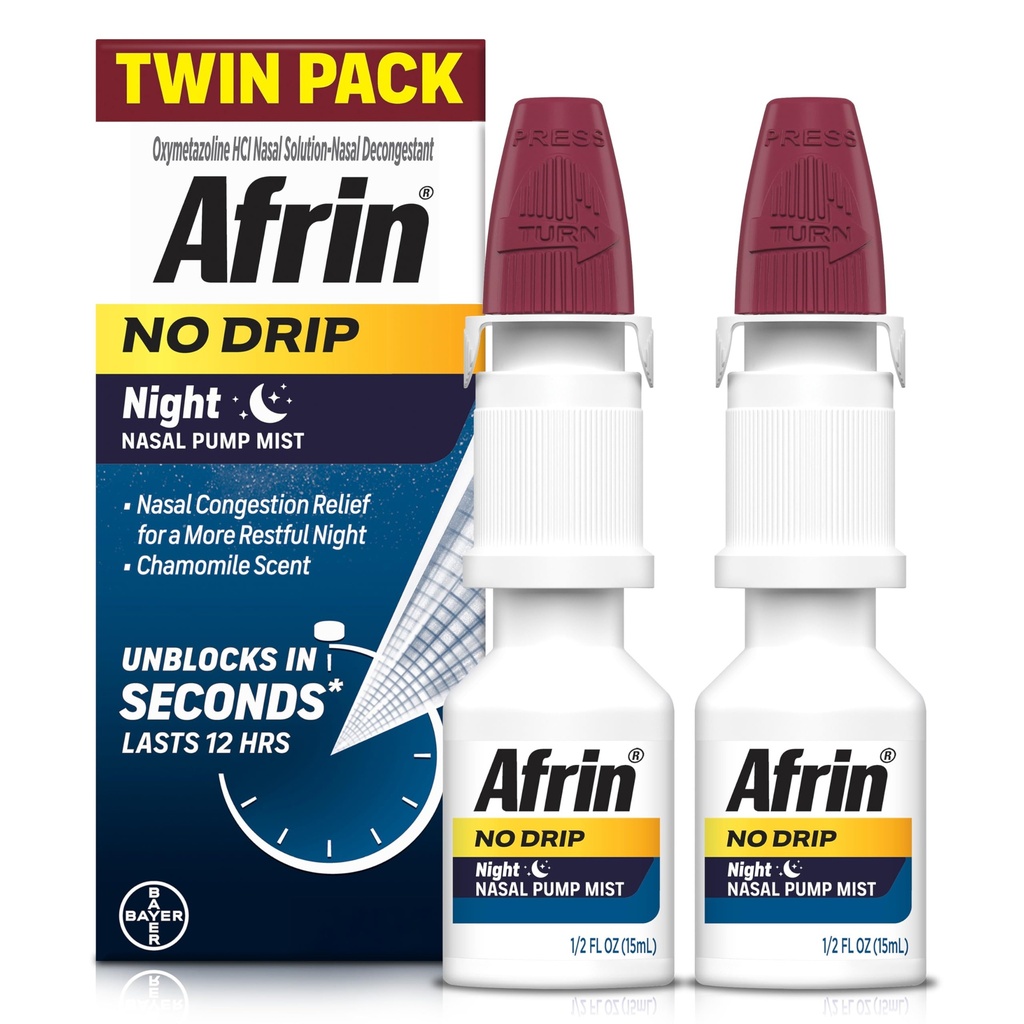 AFRIN No Drip Night Nasal Mist Twin Pack, Non-Drowsy, Snelwerkende Decongestant voor rustgevende slaap met kamille geur, volwassenen en kinderen 6 en ouder, .5 fl oz (Pack of 2)