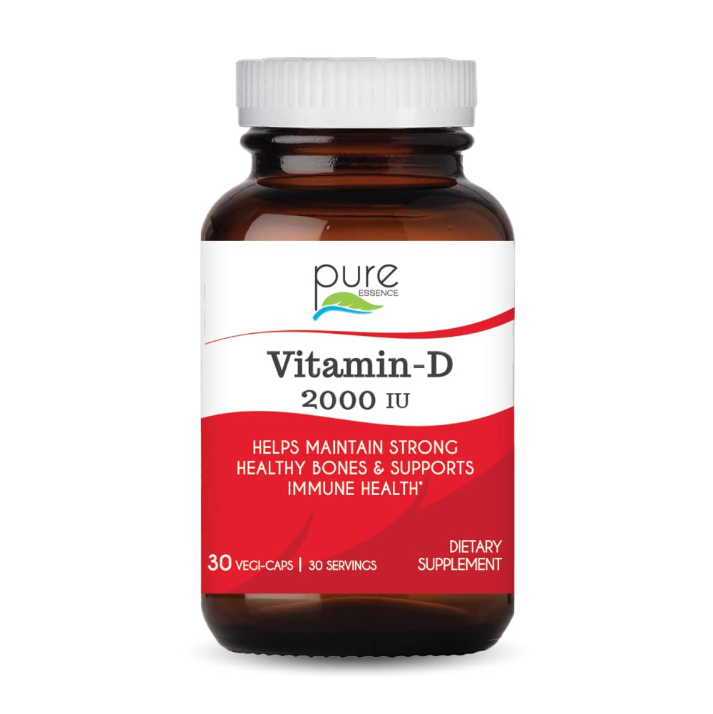 PURE ESSENCE LABS Vitamine D 2000 IE - Beste immuunondersteuning voor volwassenen - Biologische en natuurlijke vitaminen - Immunity Booster & Dieetsupplementen (30 capsules)