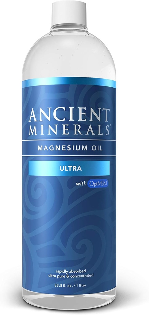 Oude mineralen Magnesiumolie Ultra met OptiMSM, Refill 33.8 oz. - Pure Genuine Zechstein Magnesiumchloride Supplement met MSM - Beste Topische huidtoepassing voor Dermale Absorptie