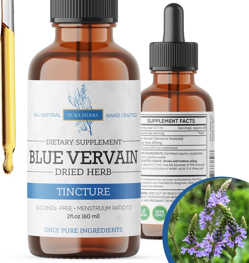 Blue Vervain Herb Biologische, Blue Vervain Tinctuur, Alcoholvrij, Veganistisch - 2 Fl Oz