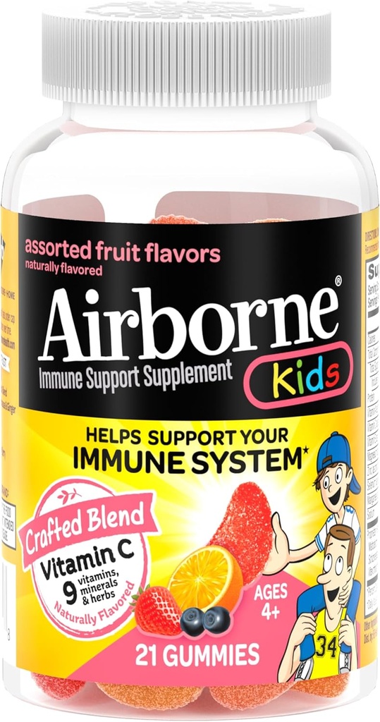 Airborne vitamine C 500mg (per portie) Kinderen Assorted Fruit Smaak Gummies (21 Tel in een fles), Glutenvrije Immune Ondersteuning Supplement met Vitaminen A C E, Selenium, Echinacea & Gember