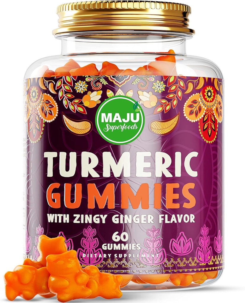 Maju Superfoods Kurkuma Curcumin Gummies 60ct, Zingy Gember Smaak, Black Pepper Extract voor verbeterde absorptie en Potentie, Kurkuma Gummies voor volwassenen en kinderen