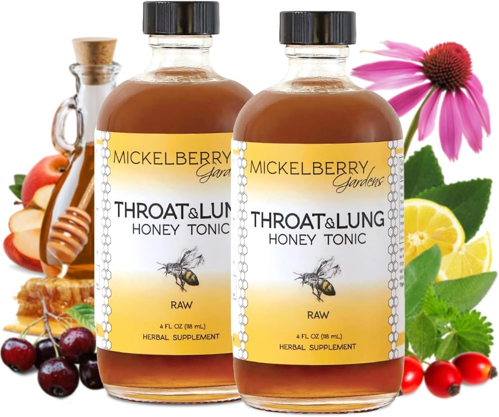 Mickelberry Gardens Throat & Lung Honey Tonic: Wellness Syrup, Natural Sore Throat Relief, Immune Support & Cough Suppressant voor volwassenen en kinderen (4 oz, 2 Pack)