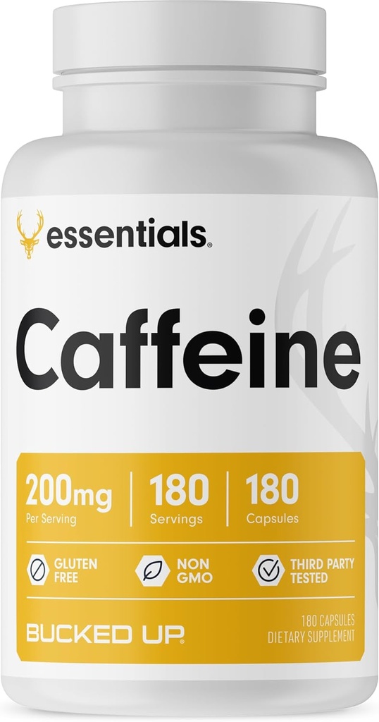 Gebogen Cafeïne 200mg per portie, Essentials (180 porties, 180 capsules)