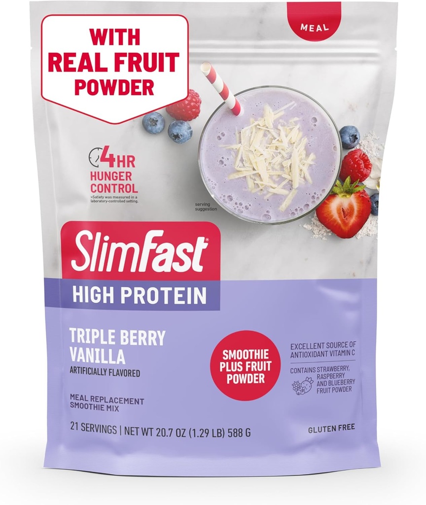SlimFast High Protein Smoothie Mix Plus Fruitpoeder, High Protein Meal Replacement Powder, Fiber, Vitamine C, 21 Servings, 1.29 Pounds, Triple Berry Vanilla (Verpakking mei Vary)