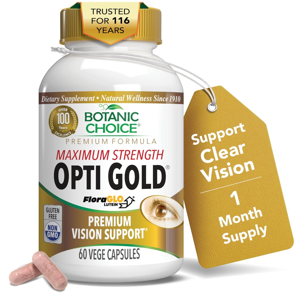 Botanische keuze Maximale sterkte Opti Gold Vision Eye Health Support Supplement voor de algehele gezondheid van ogen voor mannen en vrouwen - Taurine, vitamine A, luteïne, bosbes, Alpha Lipoïnezuur (60 capsules)