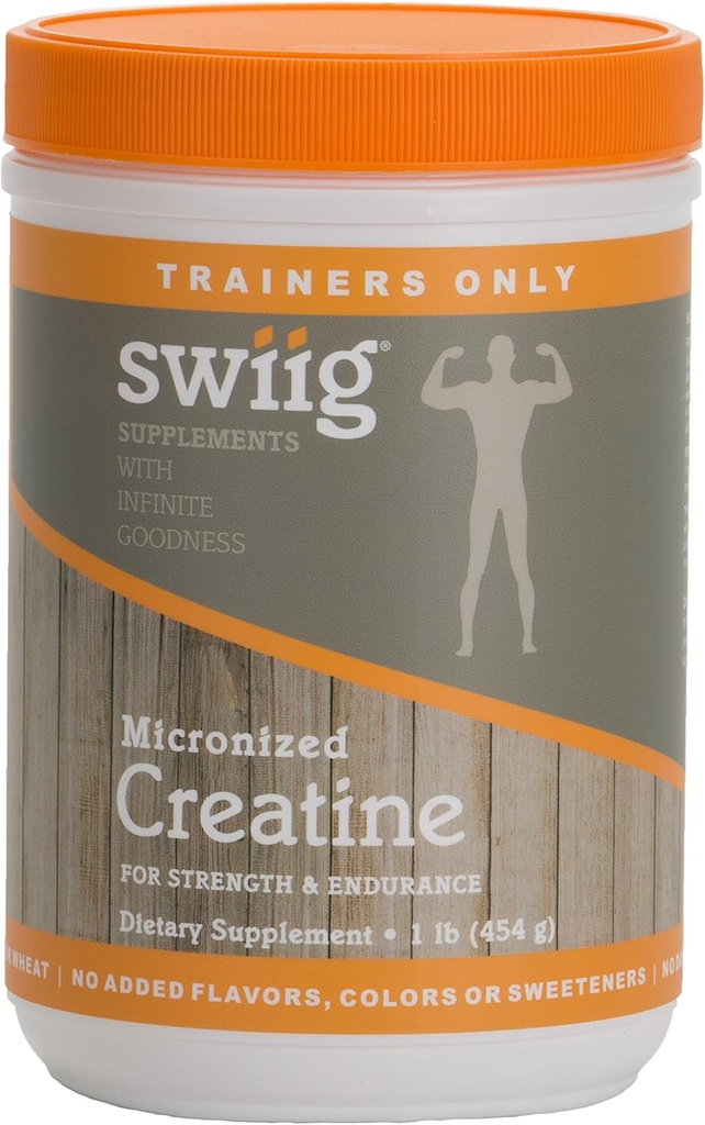 swiig Micronized Creatine Monohydraat, Geen Gluten, Geen Gist, Maïs of Tarwe, Geen toegevoegde smaken, Geen zuivel, Vis, of Soja, Geen conserveringsmiddelen, Kleuren of Zoeten, Geen GGO Ingrediënten - 90 Servers