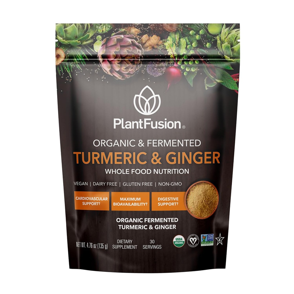 PlantFusion Turmeric and Ginger Drink Mix - Gefermenteerd Whole Food Nutrition, Herbal Supplement Powder with Curcuminoids - USDA Certified Organic, Non-GMO, Vegan, Gluten-Free, 4,76 oz 30 Servers