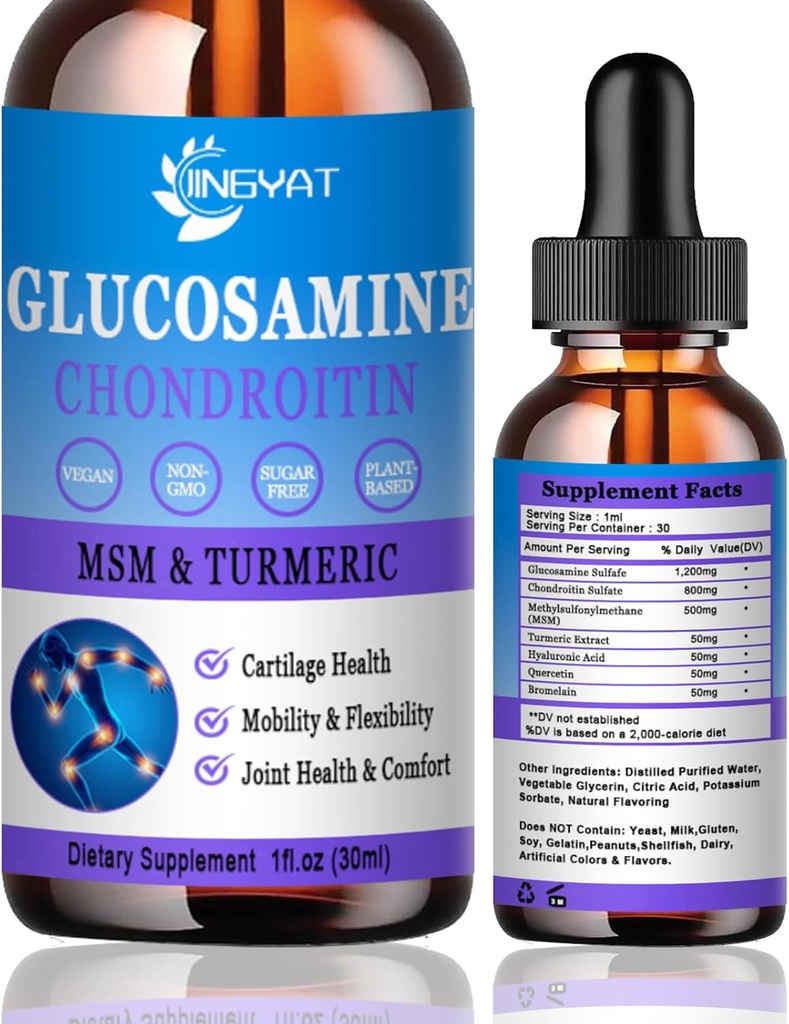 Glucosamine Chondroitin Liquid Drops 2000mg, Liposomale Glucosamine Chondroitin MSM, Chondroitin & Glucosamine Voedingssupplementen w/Turmeric Extract, Hyaluronzuur, quercetine & bromeïne