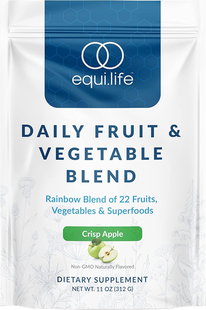 Equilife Daily Fruit & plantaardige Blend, Superfood Antioxidant Supplement, Crisp Apple smaak met vitamine C, vezels, en 9 essentiële aminozuren, ondersteunt energie, lage suiker, Vegan, 30 porties