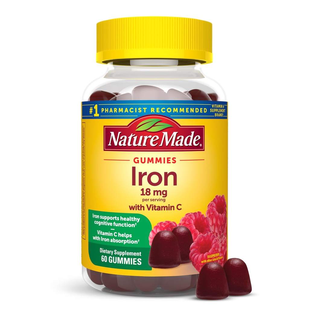 Nature Made Iron 18 mg per portie met vitamine C, Dieetsupplement voor Red Blood Cell Support, 60 Gummies, 30 dagen levering