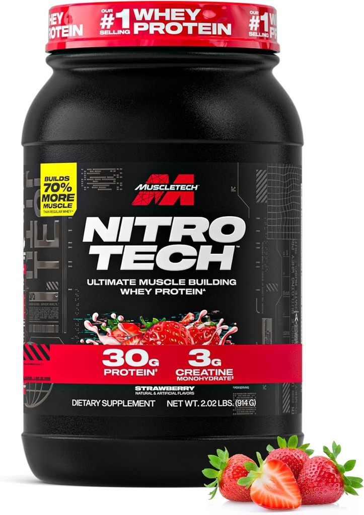 Muscletech Wei Protein Powder (Strawberry, 2.2 Pound) - Nitro-Tech Ultimate Muscle Building Formula with Wei Protein Isolaat - 30g of Protein, 3g of Creatine & 6.8g of BCAA - Packaging May Vary