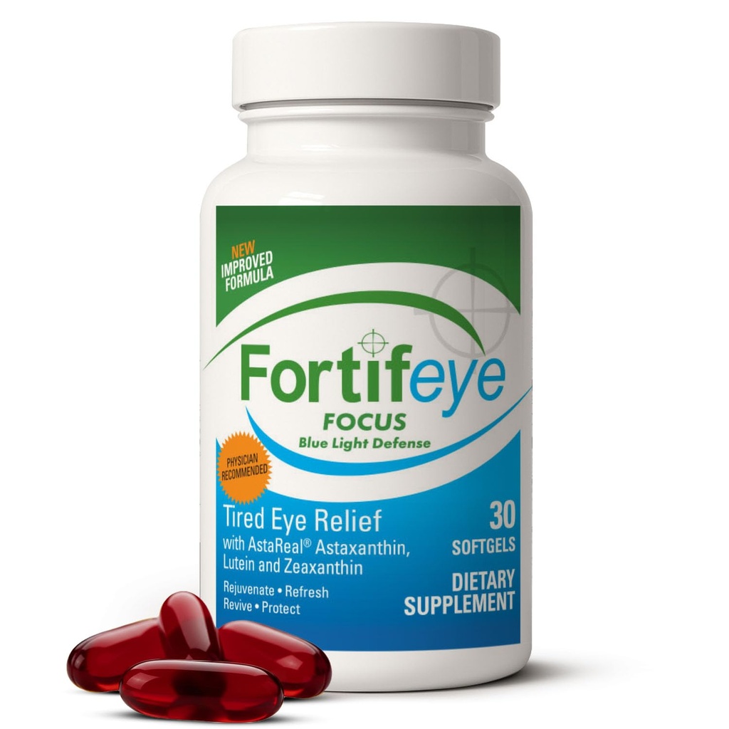 Fortiveye Focus Eye Care Supplement 30 Softgel Capsules - Triple Carotenoid Inclusief Astaxanthine, Luteïne, en Zeaxanthine Supplementen, Oog Vitaminen, Ondersteunt Ogen Moeheid en Blauw Licht Bescherming