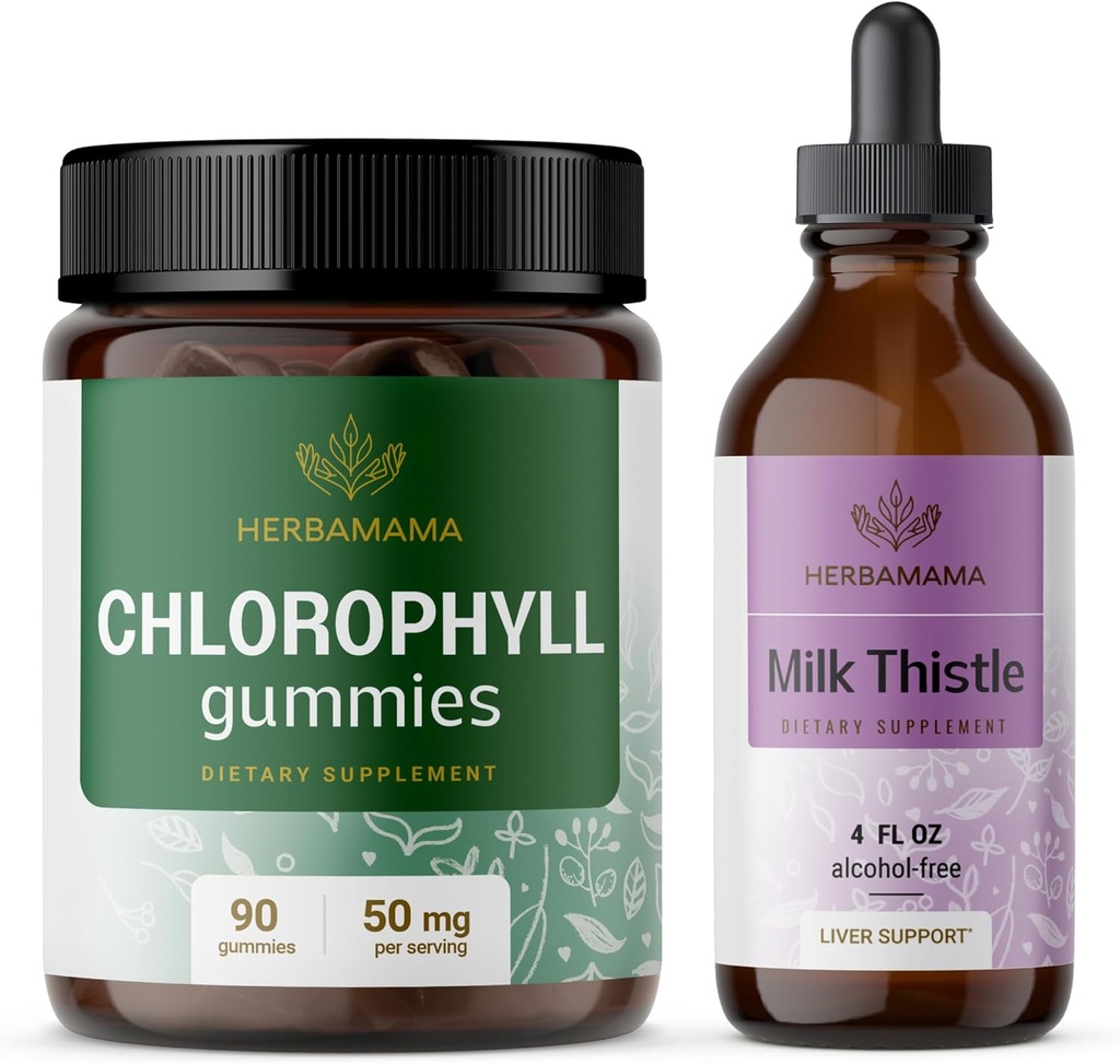 HERBAMAMA Chlorofyl en Milk Thistle Kit - bundel van 50 mg Chlorofyl Gummies & Milk Thistle Extract Tinctuur 4 fl oz - Vegan, Non-GMO, Sugar & Alcohol-Free - 2 Pack