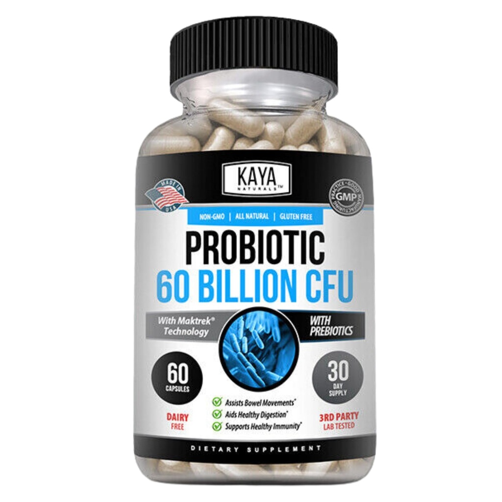 Kaya Naturals Probiotic 60 Miljard CFU - Probiotica voor vrouwen, Probiotica voor mannen en volwassenen, Natuurlijke - Gut Health & Immune Support Supplement - Biedt spijsverteringssteun - 60 plantaardige capsules