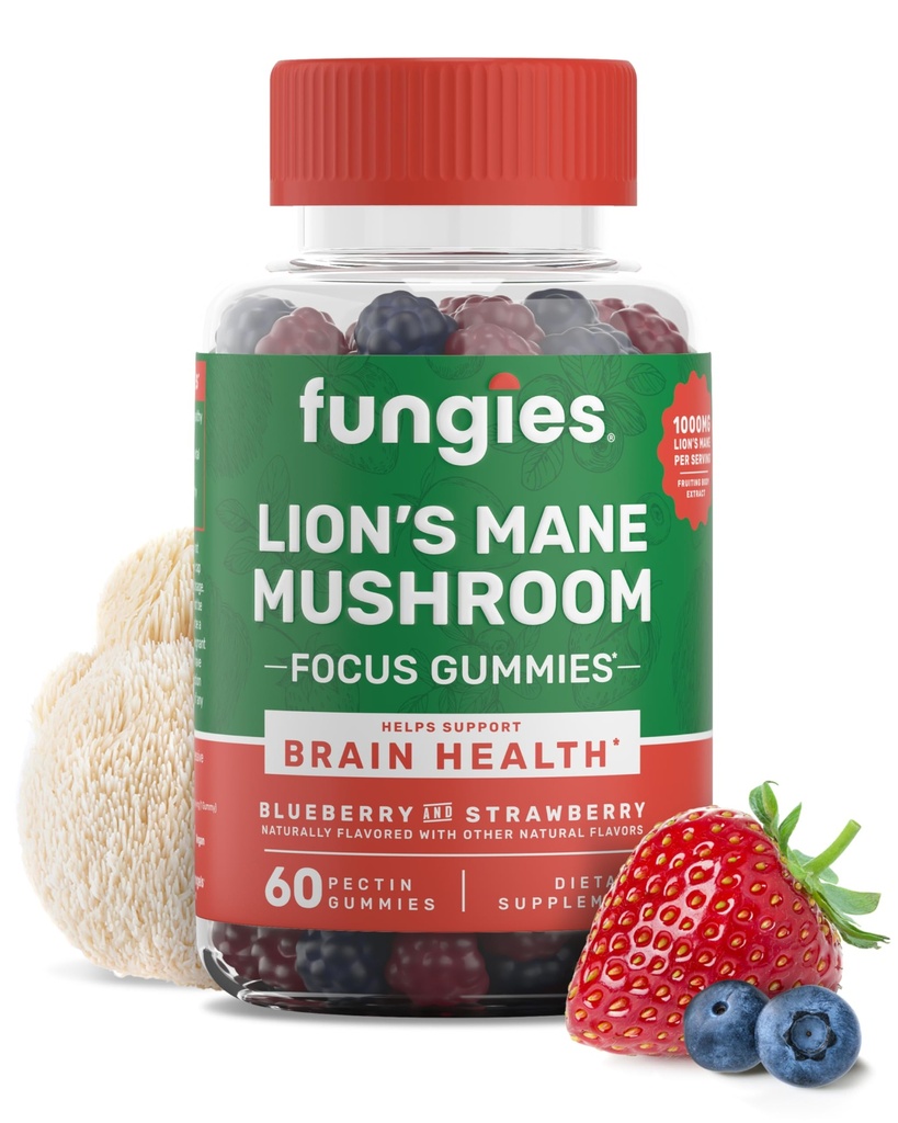 Fungies Lion's Mane Mushroom Gummies, Mixed Blueberry & Strawberry Flavor - Mushroom Supplement Gummy for Adults & Children Supports Brain Health, Cognitive Function, Focus, Memory & Mood, 60 Servings