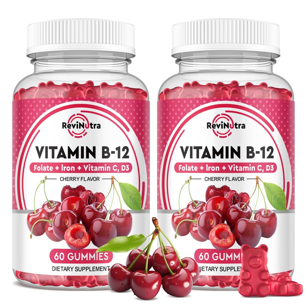 Vitamine B12 Gummies - 5000 mcg Methylcobalamine met ijzer, vitamine C, D3 & Folaat, energie Ondersteuning en Metabolisme, Immune, B-12 Complex Kauwbare Supplement voor mannen en vrouwen, 120 Telling, 2 Pack