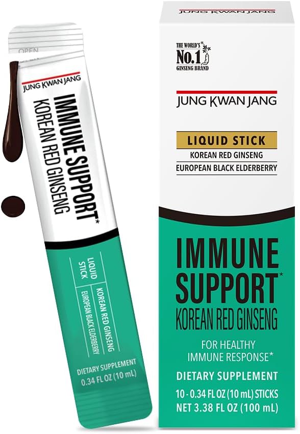 JUNG KWAN JANG Korean Red Panax Ginseng (800mg) en Elderberry (469mg) Immune Support Everytime Extract Sticks, Antioxidant Supplement for Immunity and Daily Wellness, 10 Tellen