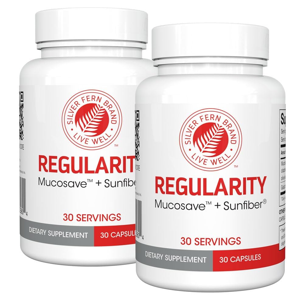 Silver Fern Brand Regularity Digestief supplement - 2 flessen = 60 capsules = 60 dagen levering - Mucosave FG (Prickly Pear Polysacchariden & Olive Leaf Polyfenolen) & SunFiber