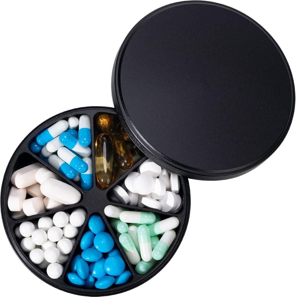 Metal Pill Dispenser Pillen Organisator met 7 Compartments - Heavy Duty Anti-Mix Pillen Container, Large Waterproof Daily Pill Box Pill Case voor Vitamine, Geneeskunde, Supplement, Visolie, 0,39lb (zwart)