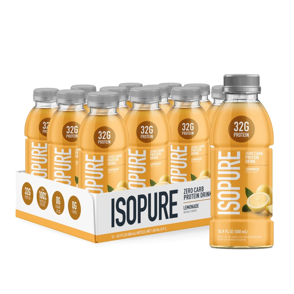 Isopure Zero Carb 32g Clear Protein Ready-to-Drink, Wei Protein Isolaat, Limonade, 12 Pack (Verpakking mei Vary)