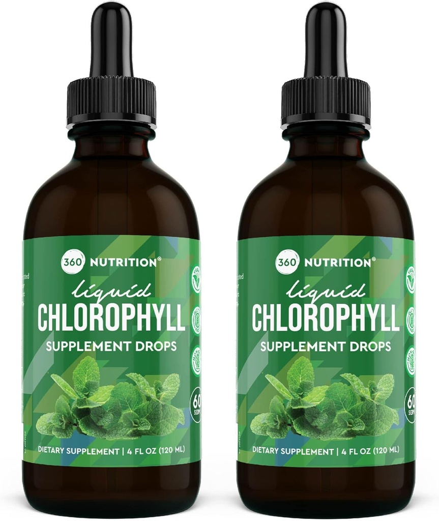 360 Nutrition Chlorofyl Liquid Drops with Peppermint Oil, GF & Vegan Body Internal Deodorant Supplement, ondersteunt Gut Health, Digestie, Energie, Radiante huid, snelle Absorptie (4 Fl Oz (2 telling))