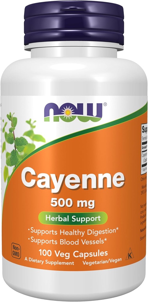 NOW Foods Supplements, Cayenne (Capsicum annuum) 500 mg, Kruidenondersteuning, 100 Veg Capsules