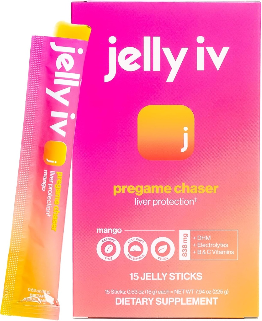 Fast Morning Relief Supplement Stick by Jelly IV - Natural Electrolytes & Lever Ondersteuning Herstel - Misselijkheid verminderen DHM - B Vitaminen - Plant-based Flavored Jelly Sticks - 15 Pack