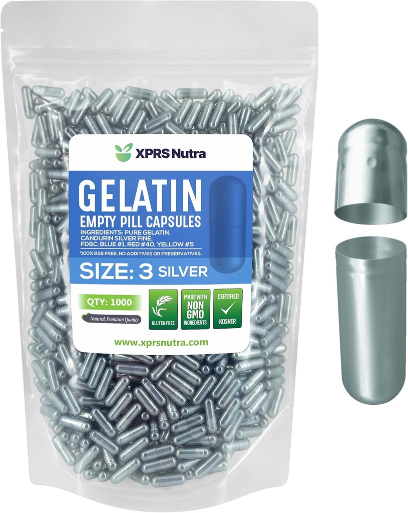XPRS Nutra Maat 3 Lege Capsules - 1000 Graaf Lege Gelatine Capsules - Pillen DIY Capsule Vulling - Pure Bovine Pill Gel Caps for Do-It-Yourself Supplements (Zilver)