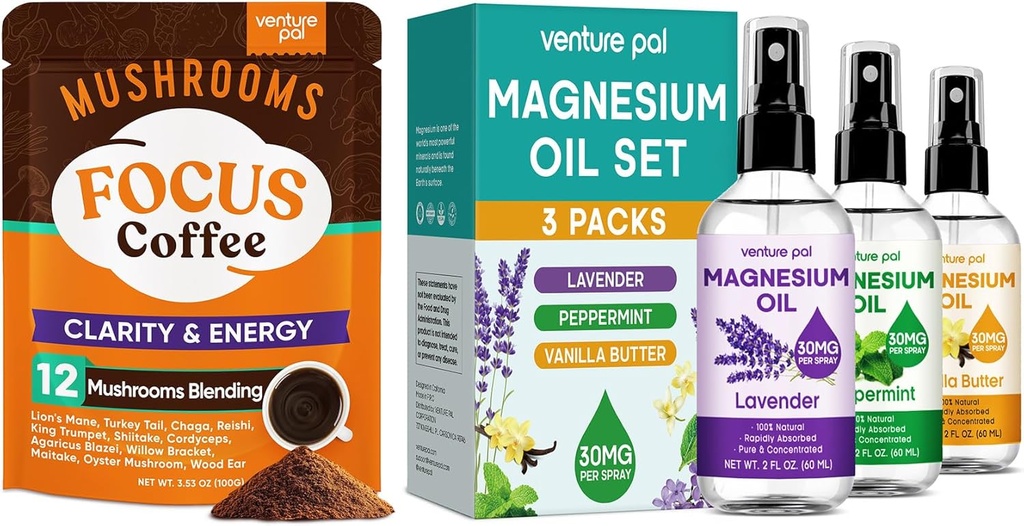 Venture Pal Mushroom Koffie & Magnesium Oil Spray Bundle: 12 in 1 Koffie met Ashwagandha voor Focus & Immunity + 3 Packs Pure Magnesium Spray voor ontspanning, Slaap & Muscle Relief - 40 Servings
