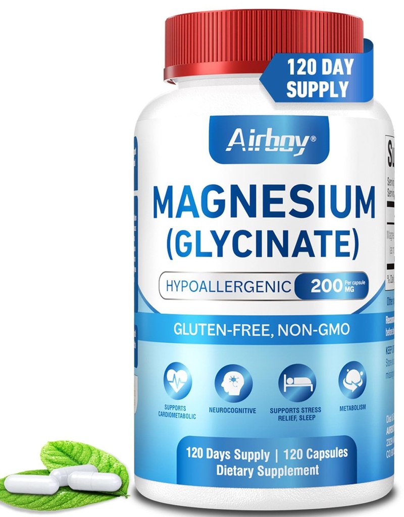 Airboy Magnesium Glycinate 200 mg, Beste Magnesium Glycinate voor Slaap,120 Vegan kleine capsules, Hoge Absorptie Ondersteuning Ontspanning, Slaap en Kalm Mood,Non-GMO en Geen Gluten