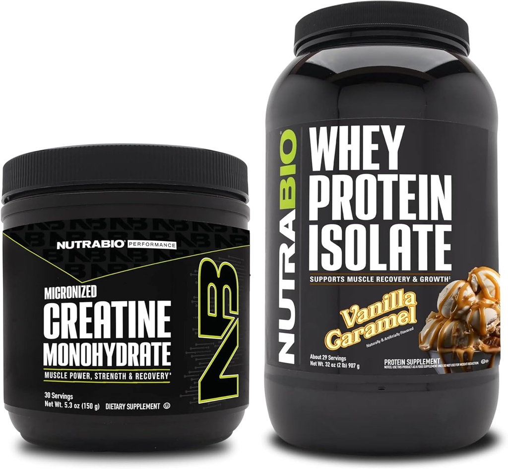 NutraBio Creatine Monohydraat, Unflavored, 150g en Wei Proteïne Isolaat, Vanille Caramel, Supplement Bundle - Spierenergie, Lean Spiergroei, Herstel en sterkte