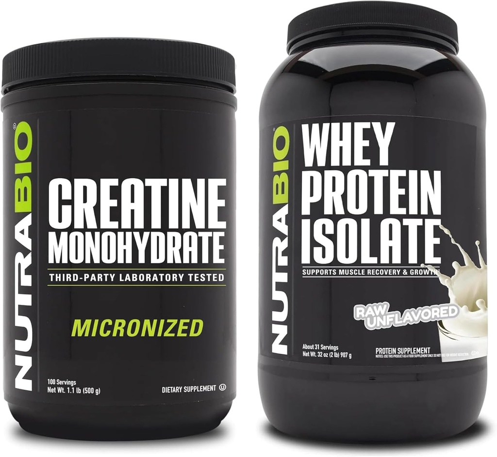 NutraBio Creatine Monohydraat, Unflavored, 500g en Wei Proteïne Isolaat, Unflavored, Supplement Bundle - Spierenergie, Lean Spiergroei, Herstel, en sterkte