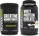 NutraBio Creatine Monohydraat, Unflavored, 500g en Wei Proteïne Isolaat, Unflavored, Supplement Bundle - Spierenergie, Lean Spiergroei, Herstel, en sterkte