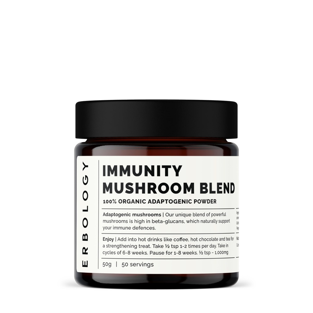 Erbologie Organic Immunity Mushroom Complex 50 Servations - High in Beta-glucanen - Reishi, Cordyceps, Lion's Mane, Turkije Staart - Duurzaam Gegroeid in Europa - Vegan - Non-GMO - No Added Fillers