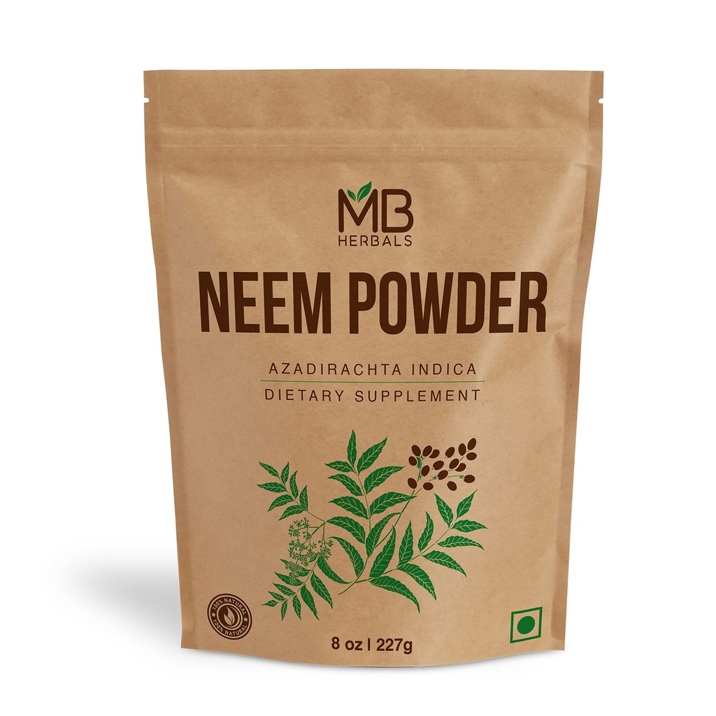 MB Herbals Pure Neem Powder 8 oz | 227 Gram / 0.5 LB Pure Wild-Crafted Neem Leaf Powder | Supplement for Skin and Hair | Azadirachta Indica
