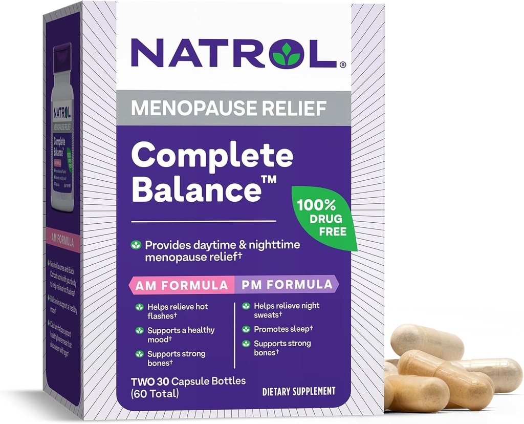 Natrol Complete Balance, Dieetsupplement voor Menopauze Relief, A.M./P.M. Menopauze Relief voor Vrouwen, 60 Capsules, Tot een 30-daagse levering