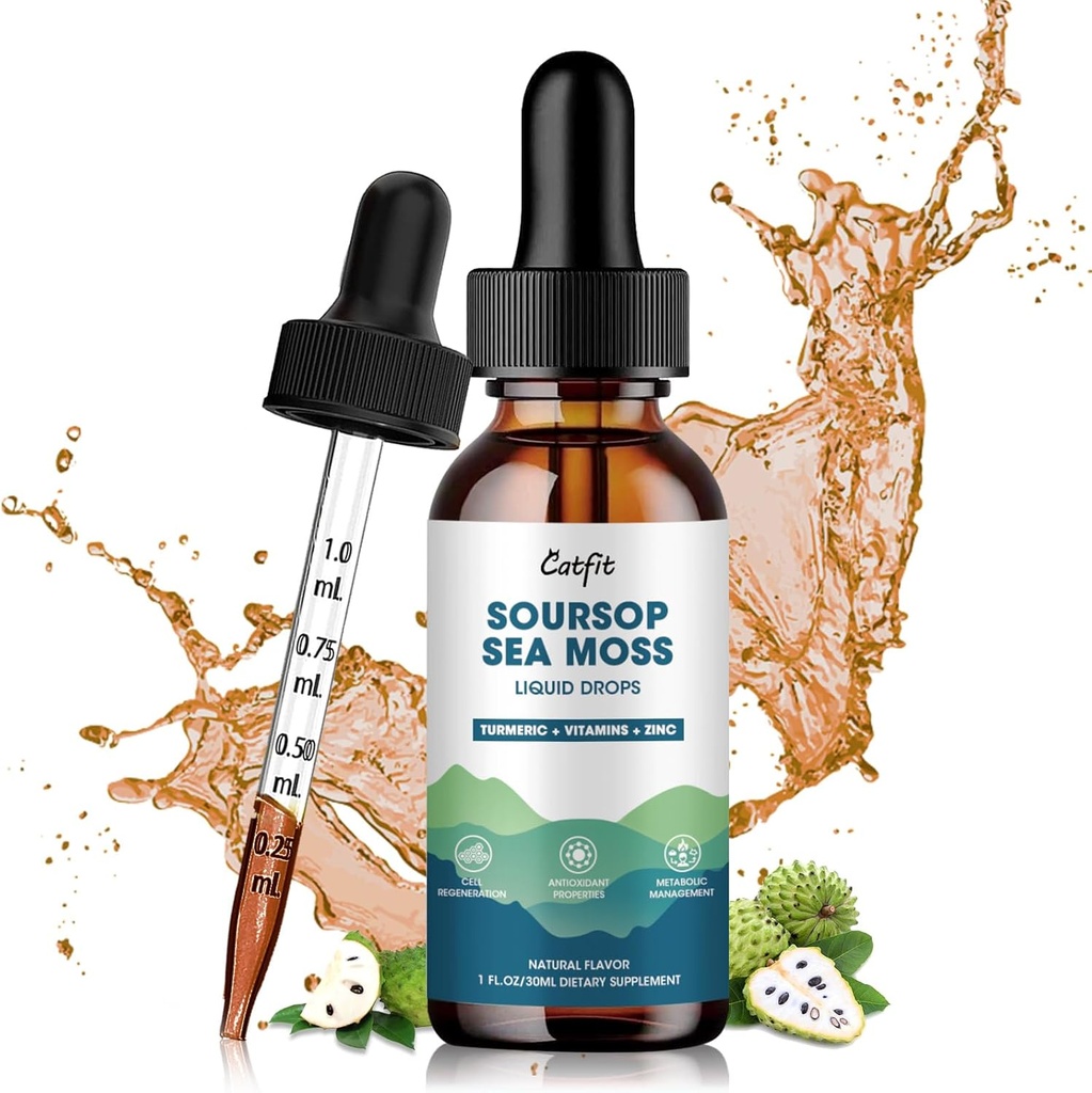 Soursop Graviola Liquid Drop, Soursop Leaves Extract with Sea Moss & Turmeric, Graviola Soursop Bitters Liquid for Cell Support & Regeneratie, Liver, Relax, Immune and Antioxidant Support, 1 Fl Oz