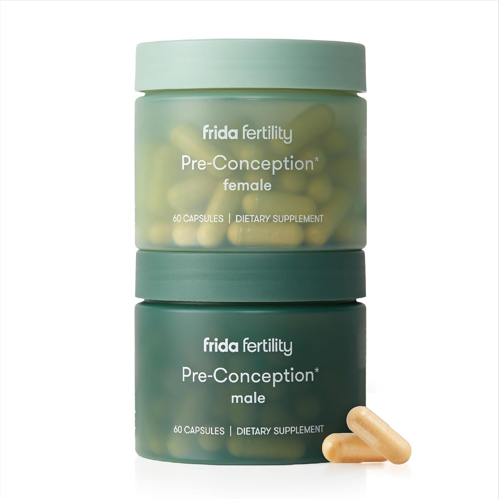Frida Fertility Pre-Conception Supplement Set, His & Hers Daily Vitamins & Minerals for Fertility, Egg Support & Sperm Health, Folic Acid, Inositol, CoQ10, 60 Capsules Each, 30 Day Supply