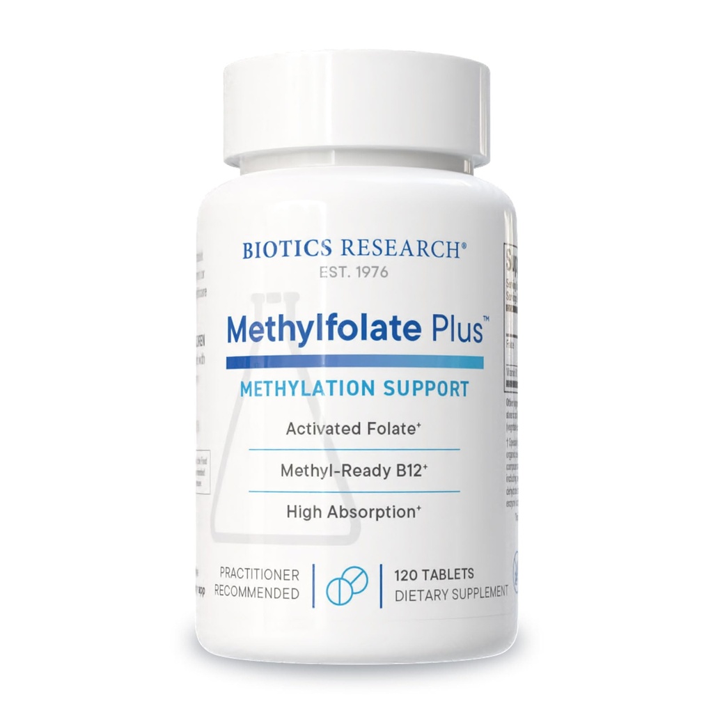 Biotics Research METHYLFOLATE PlusTM Methylfolaat, Bioactive Folaat + B12, Ondersteunt Cardiovasculaire Gezondheid, foetusontwikkeling, Zenuwgezondheid, Methylatie Support, Homocysteïne niveaus. 120 tabletten