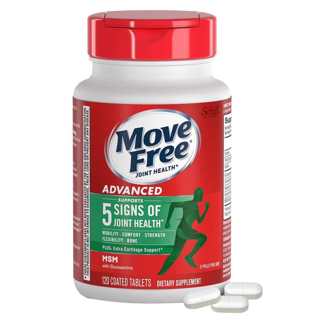 Move Free Advanced Glucosamine Chondroitin MSM Joint Support Supplement, ondersteunt mobiliteit comfort sterkte flexibiliteit & bot - 120 tabletten (40 porties)