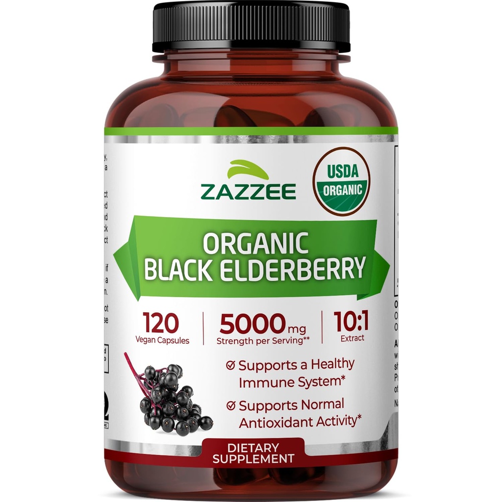 Zazzee USDA Biologische Zwarte Vlierbes 10:1 Extract, 5000 mg Sterkte, 120 Vegan Capsules, 2 Maand Supply, Gestandaardiseerd, Geconcentreerd 10X Extract, 100% Vegetarisch, All-Natural, Niet-GMO, Made in The USA