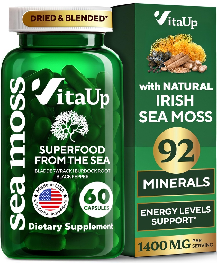 Wildcrafted Irish Sea Moss Capsules with Burdock Root & Bladderwrack - USA Made Sea Moss Advanced for Hair, Skin, Immune & Energy Levels Support - SeaMoss Pillen - 60 Vegan Capsules