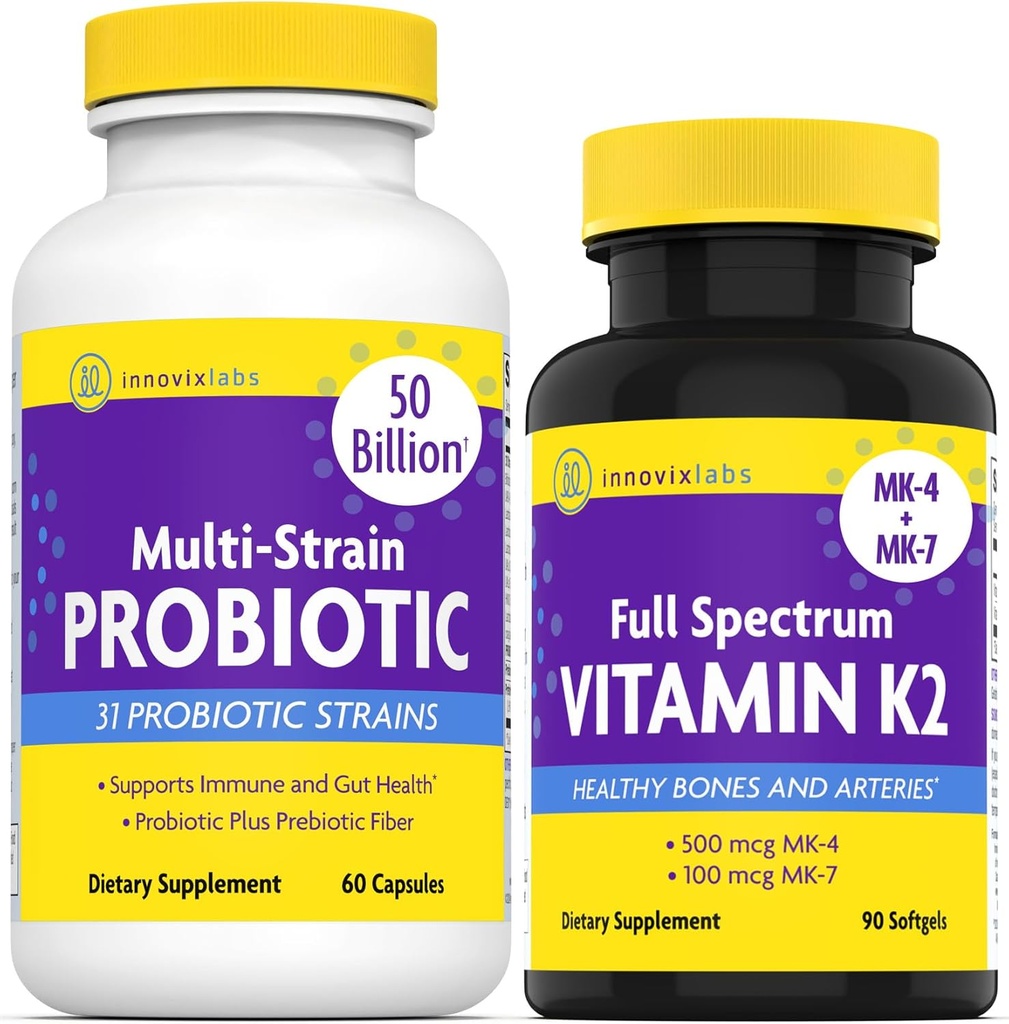 InnovixLabs Vitamine K2 & Probiotic Bundle Full Spectrum Vitamine K2 (90 Softgel Capsules) Multistrain Probiotic (60 Time-Release Capsules). Ondersteunt Bones, Immune en Healthy Gut. *